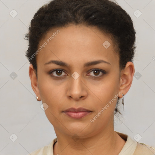 Neutral latino young-adult female with short  brown hair and brown eyes