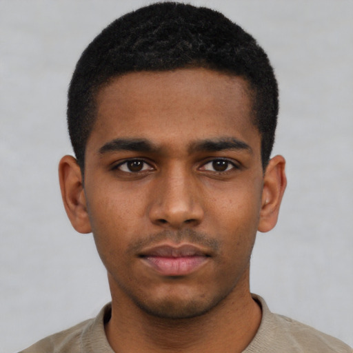 Neutral black young-adult male with short  black hair and brown eyes
