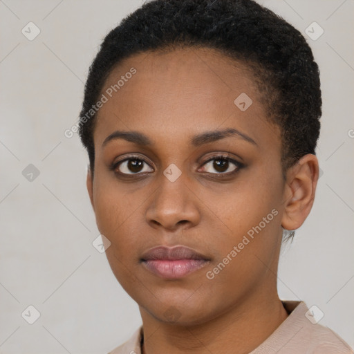 Neutral black young-adult female with short  black hair and brown eyes