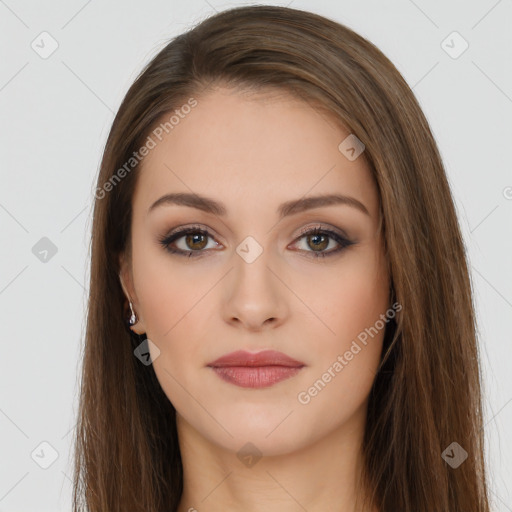 Neutral white young-adult female with long  brown hair and brown eyes