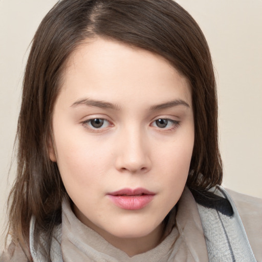 Neutral white young-adult female with medium  brown hair and brown eyes