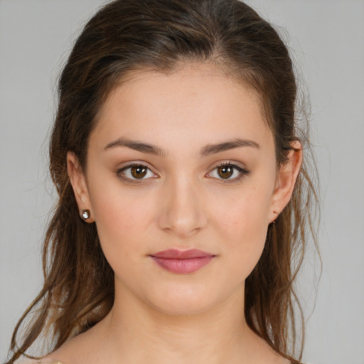 Neutral white young-adult female with medium  brown hair and brown eyes