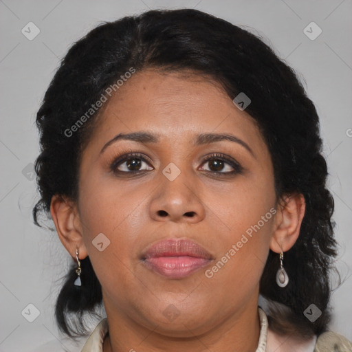 Joyful black young-adult female with medium  brown hair and brown eyes