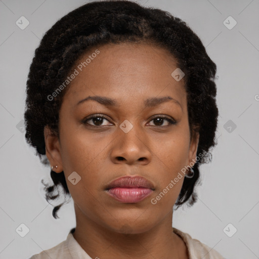 Neutral black young-adult female with short  brown hair and brown eyes