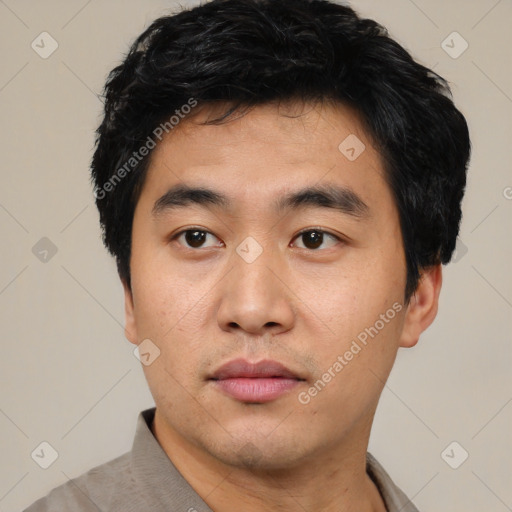 Neutral asian young-adult male with short  black hair and brown eyes