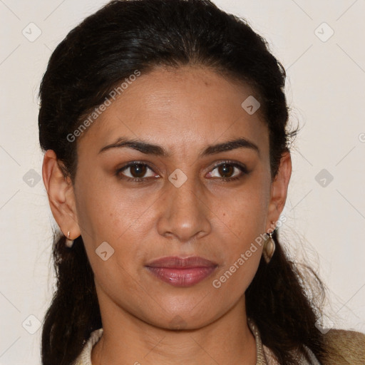 Joyful latino young-adult female with medium  brown hair and brown eyes