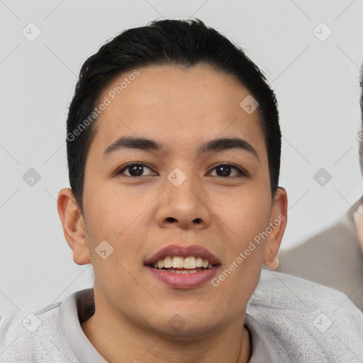 Joyful asian young-adult male with short  black hair and brown eyes