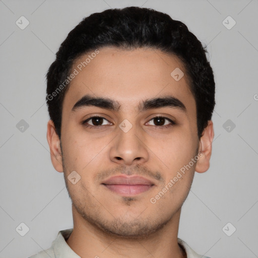 Neutral latino young-adult male with short  black hair and brown eyes