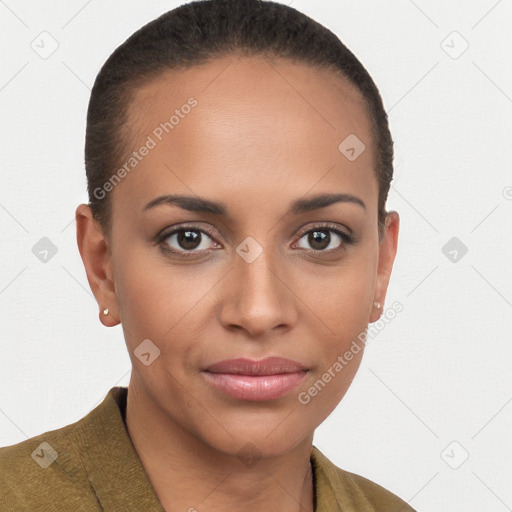 Joyful white young-adult female with short  brown hair and brown eyes