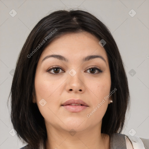 Neutral asian young-adult female with medium  brown hair and brown eyes