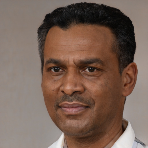 Neutral black adult male with short  black hair and brown eyes