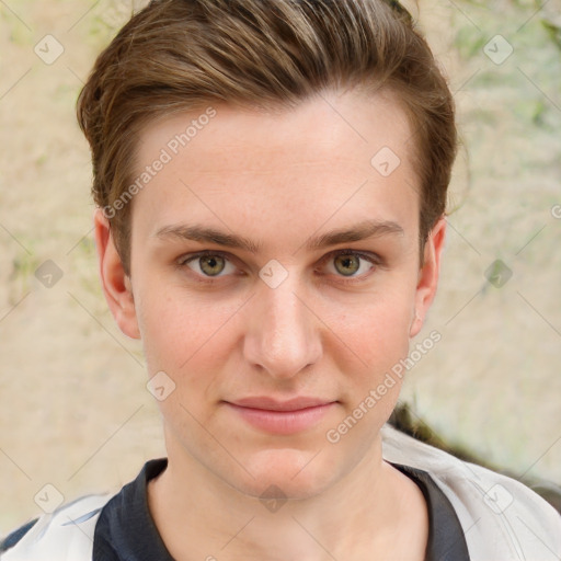 Joyful white young-adult female with short  brown hair and grey eyes