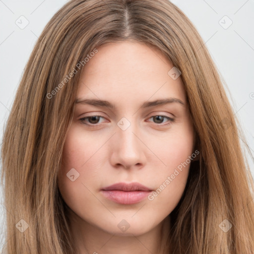 Neutral white young-adult female with long  brown hair and brown eyes