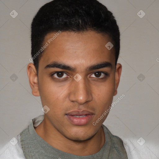 Neutral white young-adult male with short  black hair and brown eyes