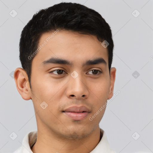 Neutral latino young-adult male with short  black hair and brown eyes