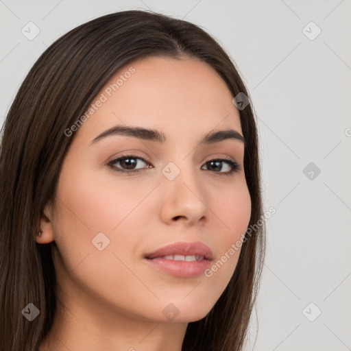 Neutral white young-adult female with long  brown hair and brown eyes