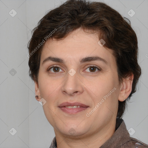 Joyful white adult female with short  brown hair and brown eyes