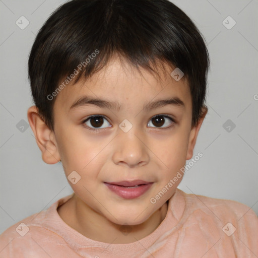 Joyful white child male with short  brown hair and brown eyes