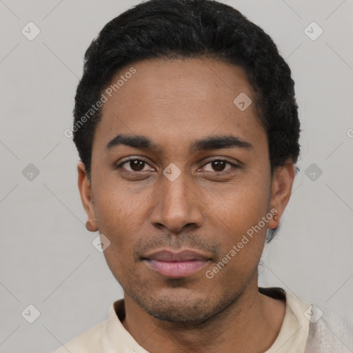 Neutral latino young-adult male with short  black hair and brown eyes