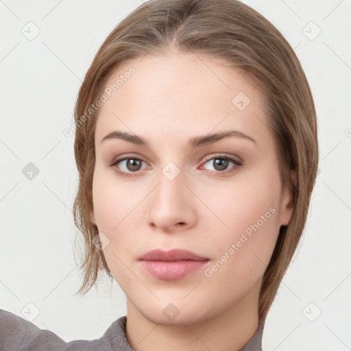 Neutral white young-adult female with medium  brown hair and grey eyes