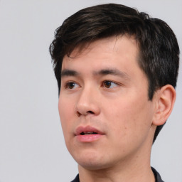 Neutral white young-adult male with short  black hair and brown eyes