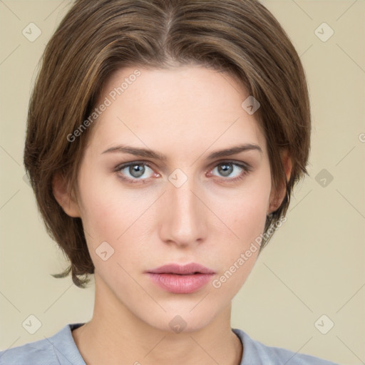 Neutral white young-adult female with medium  brown hair and grey eyes