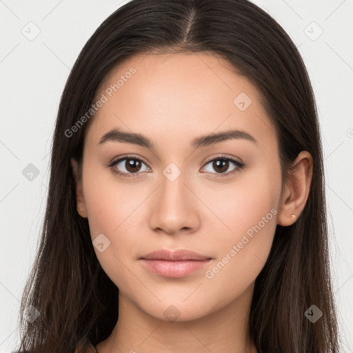 Neutral white young-adult female with long  brown hair and brown eyes