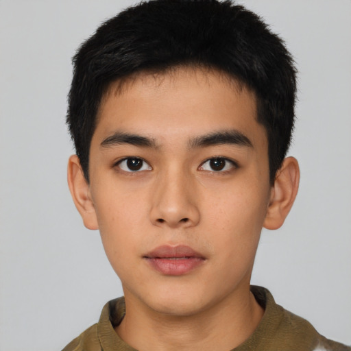Neutral asian young-adult male with short  black hair and brown eyes