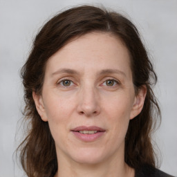 Joyful white adult female with medium  brown hair and grey eyes