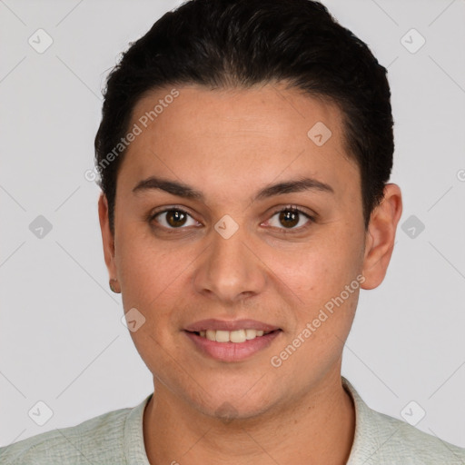 Joyful white young-adult female with short  brown hair and brown eyes