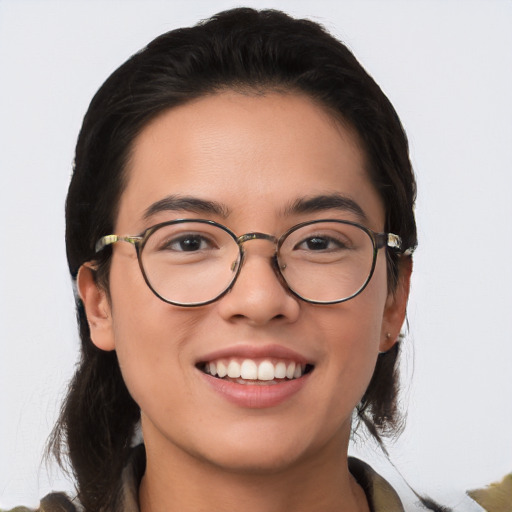 Joyful white young-adult female with medium  brown hair and brown eyes