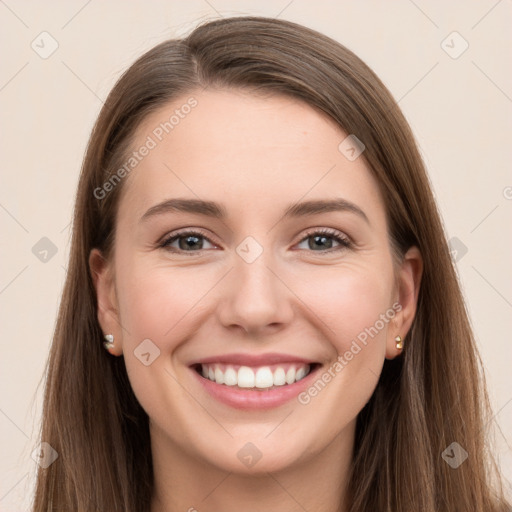 Joyful white young-adult female with long  brown hair and grey eyes