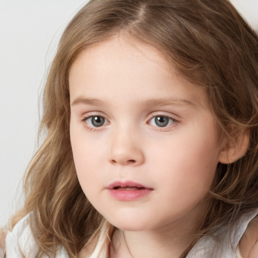 Neutral white child female with medium  brown hair and grey eyes