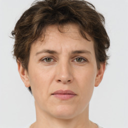 Joyful white adult female with short  brown hair and grey eyes