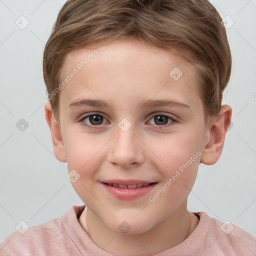 Joyful white child female with short  brown hair and brown eyes