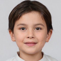 Joyful white child female with short  brown hair and brown eyes