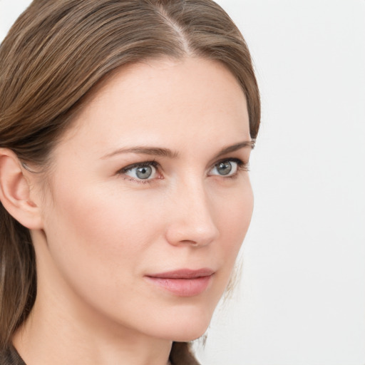 Neutral white young-adult female with medium  brown hair and grey eyes