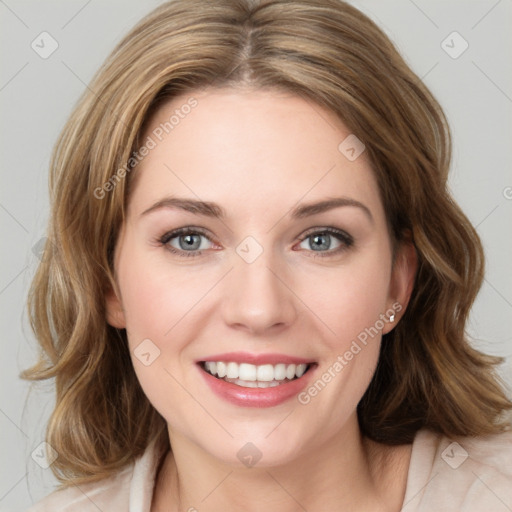 Joyful white young-adult female with medium  brown hair and green eyes