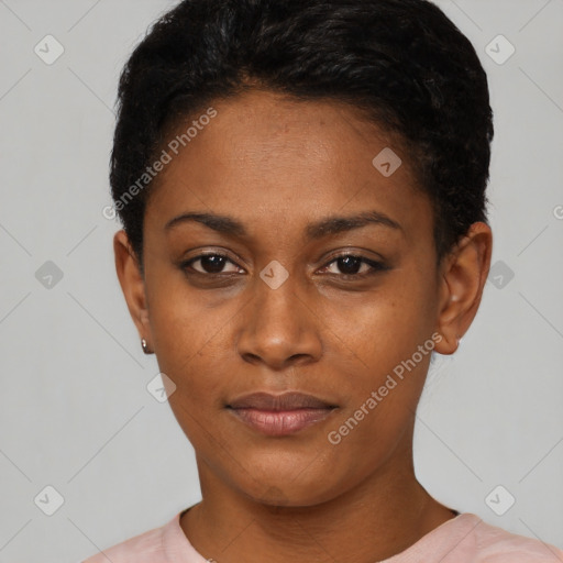 Neutral black young-adult female with short  black hair and brown eyes