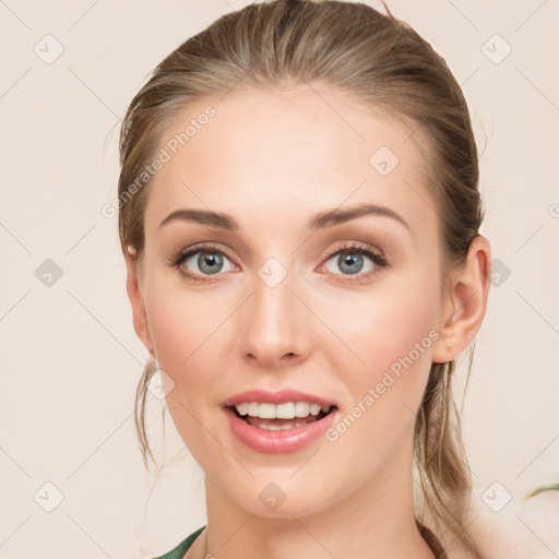 Joyful white young-adult female with medium  brown hair and green eyes