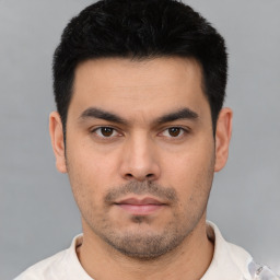 Neutral asian young-adult male with short  black hair and brown eyes