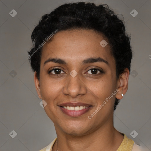 Joyful latino young-adult female with short  black hair and brown eyes