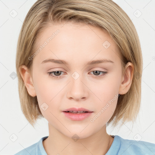 Neutral white young-adult female with medium  brown hair and grey eyes