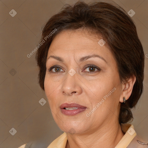 Joyful white adult female with medium  brown hair and brown eyes