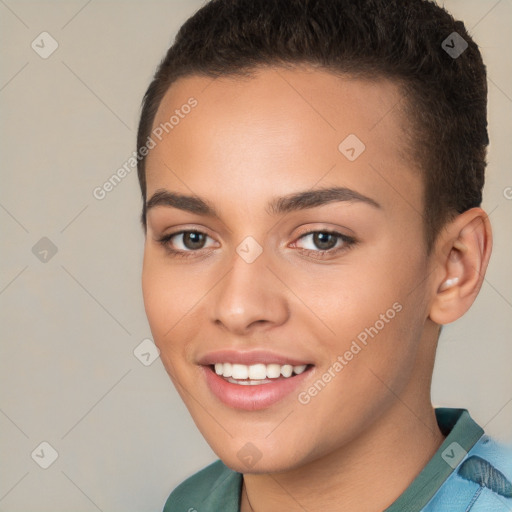 Joyful white young-adult female with short  brown hair and brown eyes