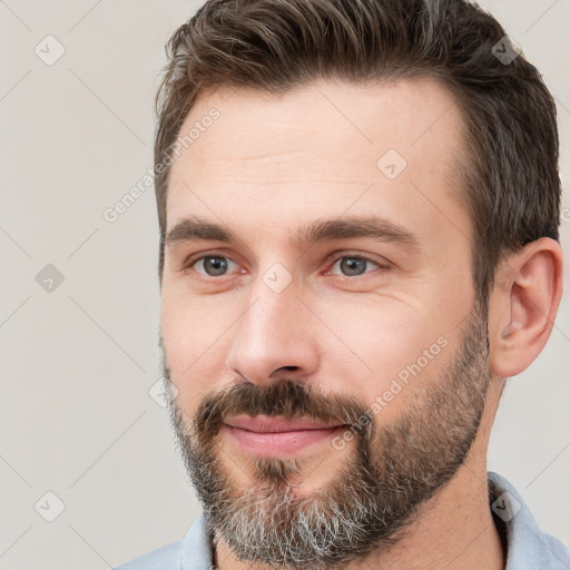 Neutral white young-adult male with short  brown hair and brown eyes