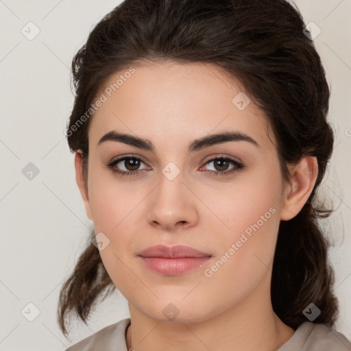 Neutral white young-adult female with medium  brown hair and brown eyes