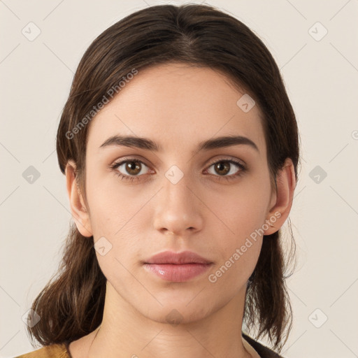 Neutral white young-adult female with medium  brown hair and brown eyes