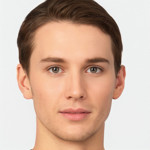 Neutral white young-adult male with short  brown hair and brown eyes