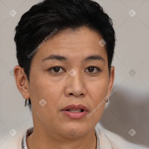 Joyful white adult female with short  brown hair and brown eyes
